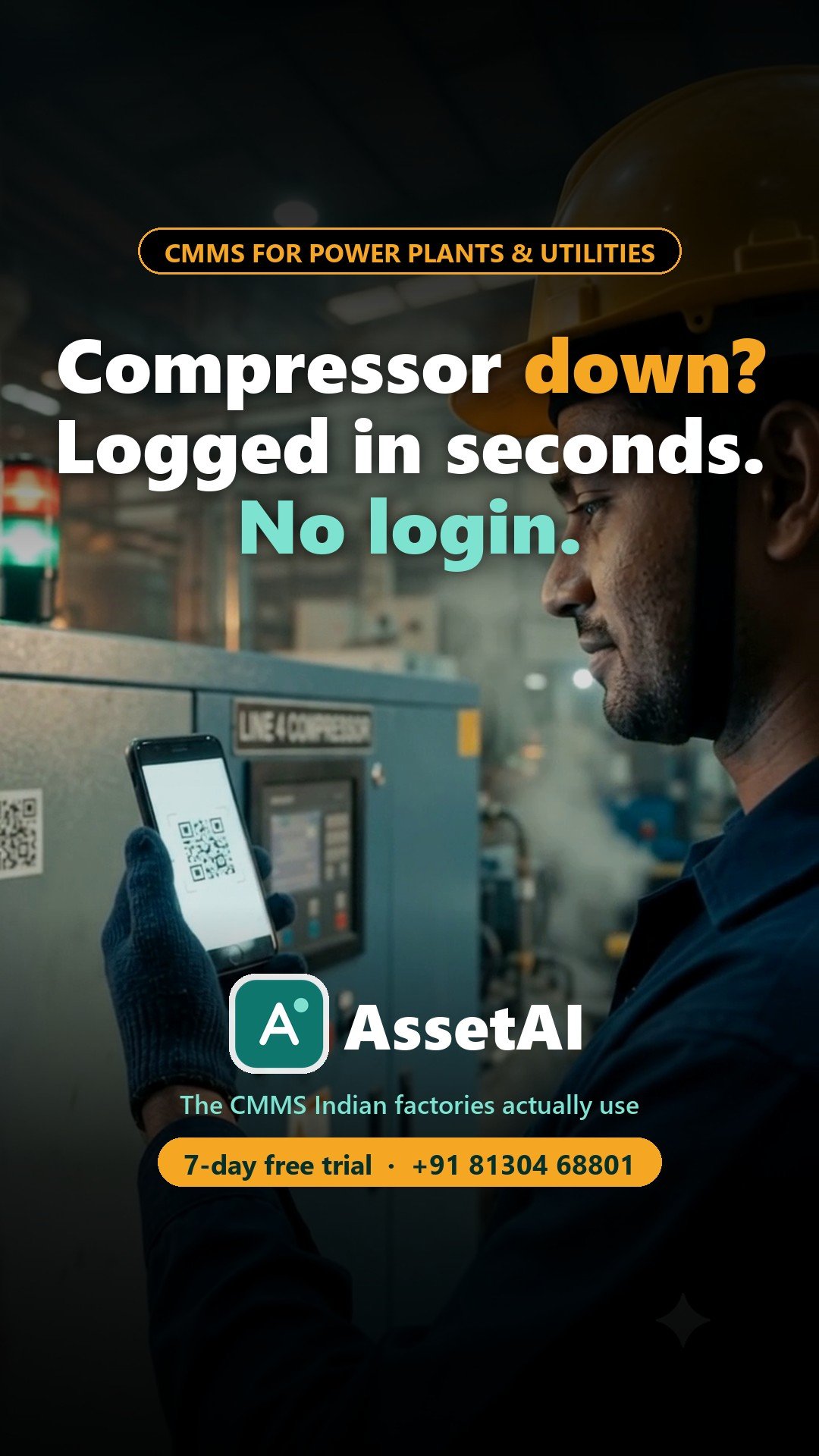 Power plant technician scanning a QR code on a compressor with his phone to log a breakdown in AssetAI CMMS
