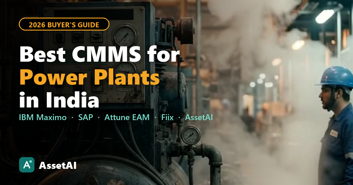 Best CMMS for power plants in India: IBM Maximo, SAP, Attune EAM, Fiix and AssetAI compared, with a compressor in a power plant.