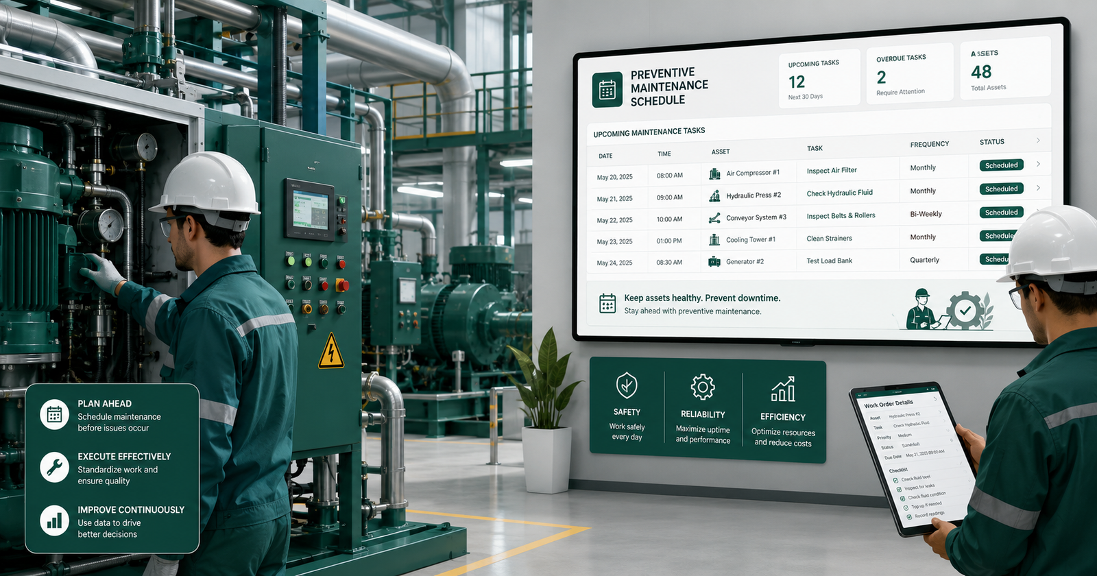 Illustration of a manufacturing plant with a preventive maintenance schedule.