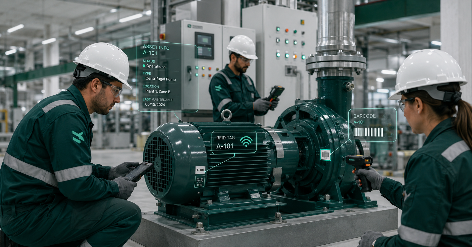 Illustration of a manufacturing plant using AssetAI CMMS for maintenance.