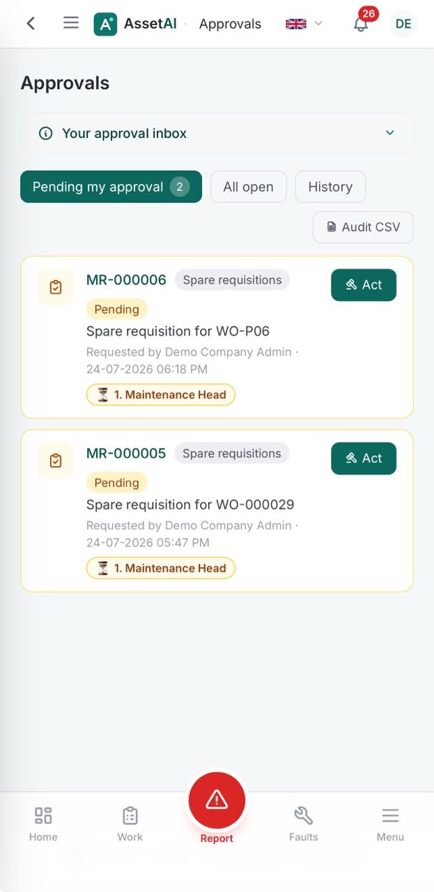 Approvals with coverage context and best-technician suggestion — on mobile.