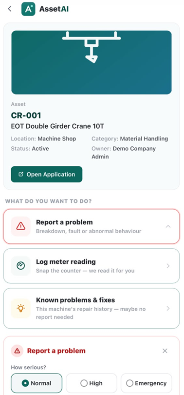 Scan the QR on the machine — report a breakdown in seconds, no operator login.